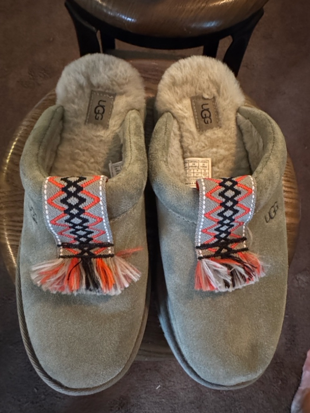 UGG Women's Sage Suede Slip-On Shearling Lined Slippers with Woven Tassel